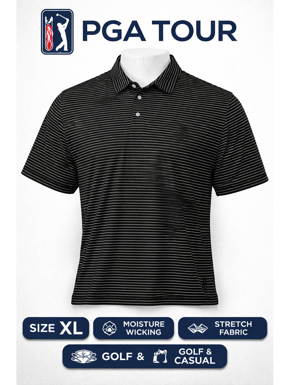 PGA TOUR Men's XL Black and White Striped Golf Polo Shirt